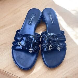 Brighton Slide Mule Sandals Sz 8.5 Black Leather Braided Womens Flat Block Heel